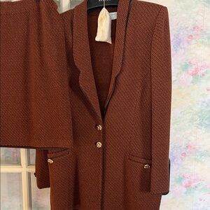 St. John Collection Rich Brown Skirt and Jacket Set with Gold Accents